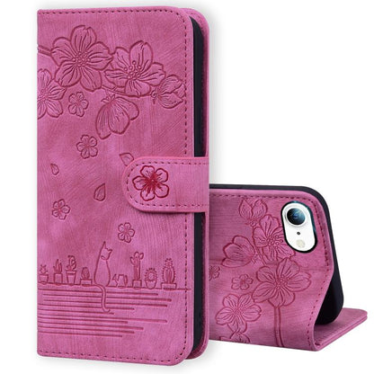 Cartoon Sakura Cat Embossed Leather Phone Case, For iPhone 17e / 16e, For iPhone 17 Pro Max, For iPhone 17 Pro, For iPhone 17, For iPhone Air, For iPhone 16 Pro Max, For iPhone 16 Pro, For iPhone 16 Plus, For iPhone 16, For iPhone 15 Pro Max           ...