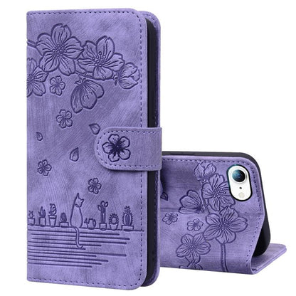 Cartoon Sakura Cat Embossed Leather Phone Case, For iPhone 17e / 16e, For iPhone 17 Pro Max, For iPhone 17 Pro, For iPhone 17, For iPhone Air, For iPhone 16 Pro Max, For iPhone 16 Pro, For iPhone 16 Plus, For iPhone 16, For iPhone 15 Pro Max           ...