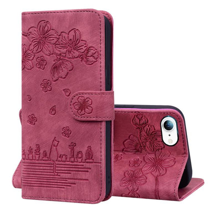 Cartoon Sakura Cat Embossed Leather Phone Case, For iPhone 17e / 16e, For iPhone 17 Pro Max, For iPhone 17 Pro, For iPhone 17, For iPhone Air, For iPhone 16 Pro Max, For iPhone 16 Pro, For iPhone 16 Plus, For iPhone 16, For iPhone 15 Pro Max           ...