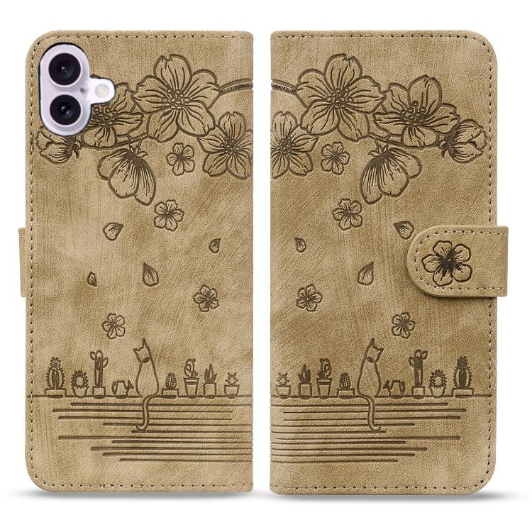 Cartoon Sakura Cat Embossed Leather Phone Case, For iPhone 18 Pro / 17 Pro, For iPhone 18 Pro Max / 17 Pro Max, For iPhone 17e / 16e, For iPhone 17, For iPhone Air, For iPhone 16 Pro Max, For iPhone 16 Pro, For iPhone 16 Plus, For iPhone 16            ...