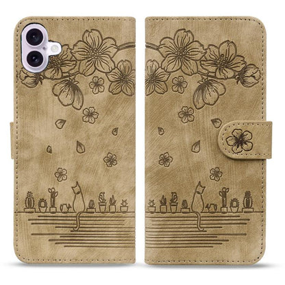 Cartoon Sakura Cat Embossed Leather Phone Case, For iPhone 18 Pro / 17 Pro, For iPhone 18 Pro Max / 17 Pro Max, For iPhone 17e / 16e, For iPhone 17, For iPhone Air, For iPhone 16 Pro Max, For iPhone 16 Pro, For iPhone 16 Plus, For iPhone 16            ...