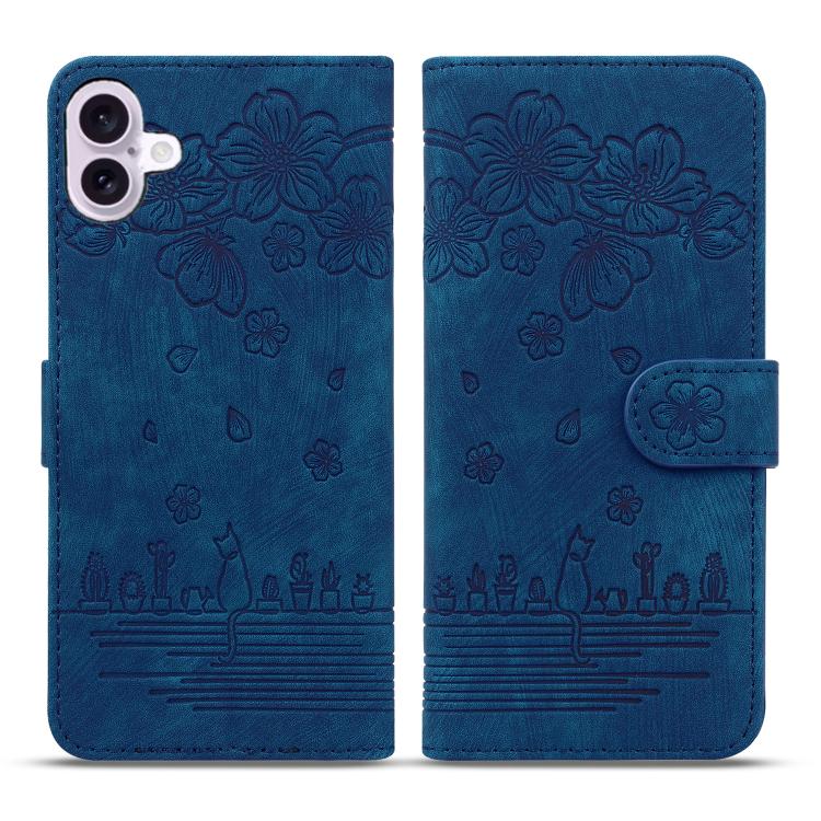 Cartoon Sakura Cat Embossed Leather Phone Case, For iPhone 17e / 16e, For iPhone 17 Pro Max, For iPhone 17 Pro, For iPhone 17, For iPhone Air, For iPhone 16 Pro Max, For iPhone 16 Pro, For iPhone 16 Plus, For iPhone 16, For iPhone 15 Pro Max           ...