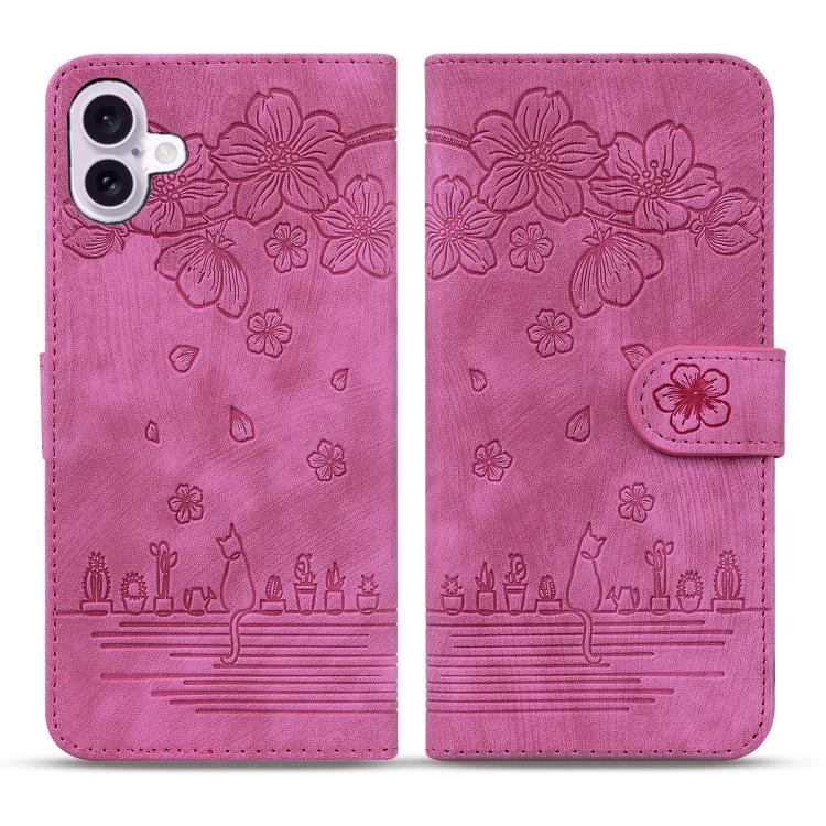 Cartoon Sakura Cat Embossed Leather Phone Case, For iPhone 18 Pro / 17 Pro, For iPhone 18 Pro Max / 17 Pro Max, For iPhone 17e / 16e, For iPhone 17, For iPhone Air, For iPhone 16 Pro Max, For iPhone 16 Pro, For iPhone 16 Plus, For iPhone 16            ...