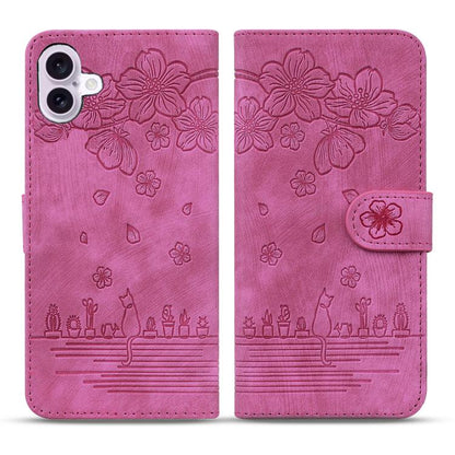 Cartoon Sakura Cat Embossed Leather Phone Case, For iPhone 18 Pro / 17 Pro, For iPhone 18 Pro Max / 17 Pro Max, For iPhone 17e / 16e, For iPhone 17, For iPhone Air, For iPhone 16 Pro Max, For iPhone 16 Pro, For iPhone 16 Plus, For iPhone 16            ...