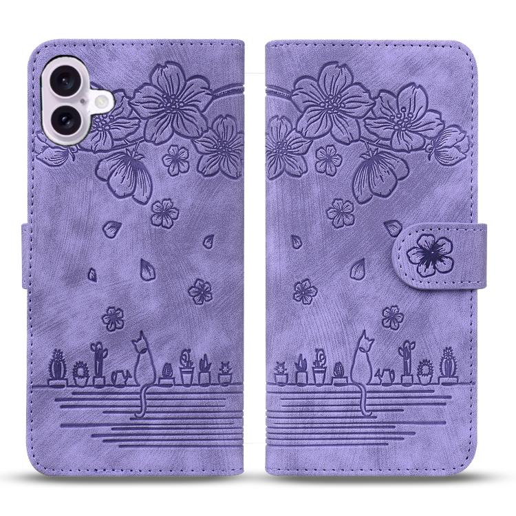 Cartoon Sakura Cat Embossed Leather Phone Case, For iPhone 18 Pro / 17 Pro, For iPhone 18 Pro Max / 17 Pro Max, For iPhone 17e / 16e, For iPhone 17, For iPhone Air, For iPhone 16 Pro Max, For iPhone 16 Pro, For iPhone 16 Plus, For iPhone 16            ...