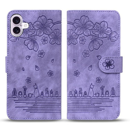 Cartoon Sakura Cat Embossed Leather Phone Case, For iPhone 18 Pro / 17 Pro, For iPhone 18 Pro Max / 17 Pro Max, For iPhone 17e / 16e, For iPhone 17, For iPhone Air, For iPhone 16 Pro Max, For iPhone 16 Pro, For iPhone 16 Plus, For iPhone 16            ...