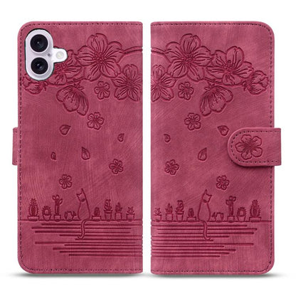Cartoon Sakura Cat Embossed Leather Phone Case, For iPhone 17e / 16e, For iPhone 17 Pro Max, For iPhone 17 Pro, For iPhone 17, For iPhone Air, For iPhone 16 Pro Max, For iPhone 16 Pro, For iPhone 16 Plus, For iPhone 16, For iPhone 15 Pro Max           ...