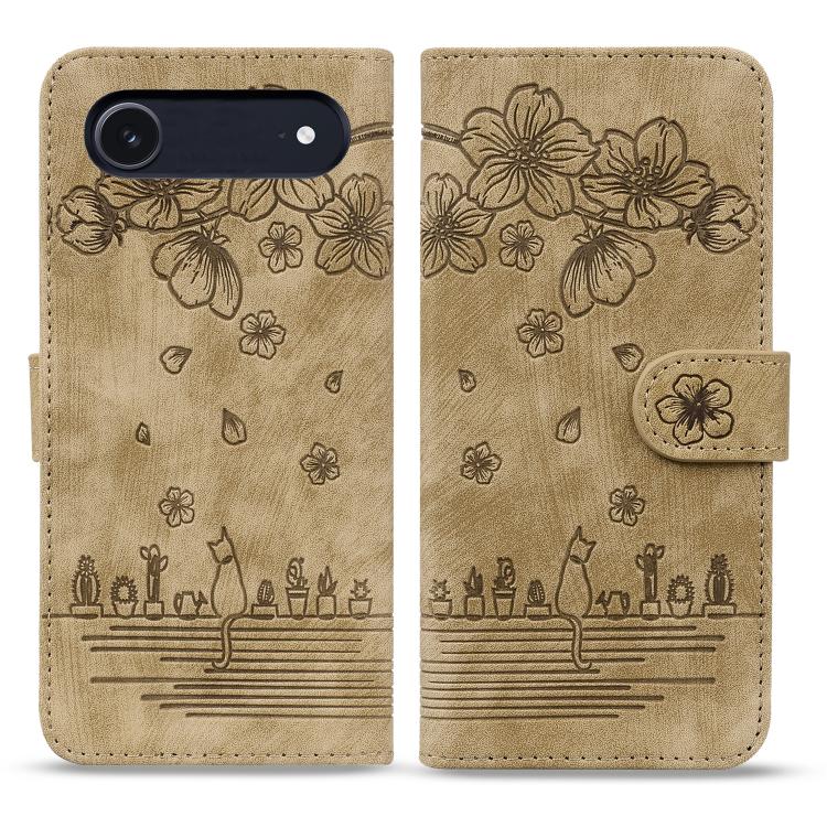 Cartoon Sakura Cat Embossed Leather Phone Case, For iPhone 18 Pro / 17 Pro, For iPhone 18 Pro Max / 17 Pro Max, For iPhone 17e / 16e, For iPhone 17, For iPhone Air, For iPhone 16 Pro Max, For iPhone 16 Pro, For iPhone 16 Plus, For iPhone 16            ...