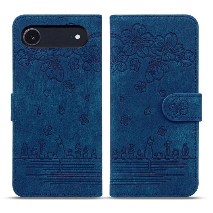 Cartoon Sakura Cat Embossed Leather Phone Case, For iPhone 17e / 16e, For iPhone 17 Pro Max, For iPhone 17 Pro, For iPhone 17, For iPhone Air, For iPhone 16 Pro Max, For iPhone 16 Pro, For iPhone 16 Plus, For iPhone 16, For iPhone 15 Pro Max           ...