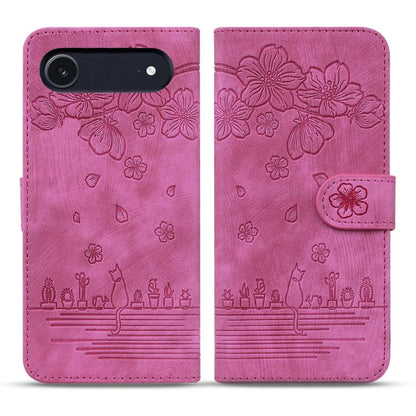 Cartoon Sakura Cat Embossed Leather Phone Case, For iPhone 18 Pro / 17 Pro, For iPhone 18 Pro Max / 17 Pro Max, For iPhone 17e / 16e, For iPhone 17, For iPhone Air, For iPhone 16 Pro Max, For iPhone 16 Pro, For iPhone 16 Plus, For iPhone 16            ...