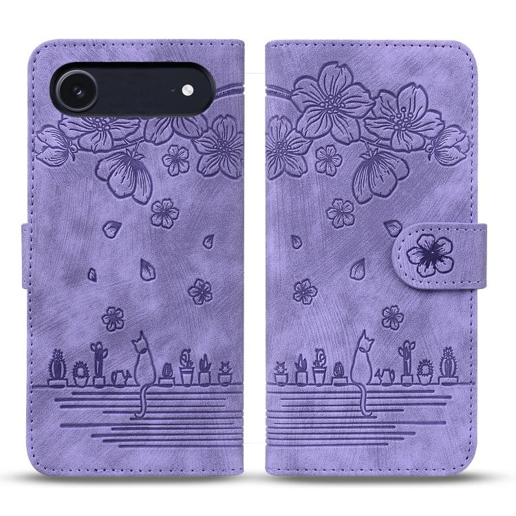 Cartoon Sakura Cat Embossed Leather Phone Case, For iPhone 18 Pro / 17 Pro, For iPhone 18 Pro Max / 17 Pro Max, For iPhone 17e / 16e, For iPhone 17, For iPhone Air, For iPhone 16 Pro Max, For iPhone 16 Pro, For iPhone 16 Plus, For iPhone 16            ...