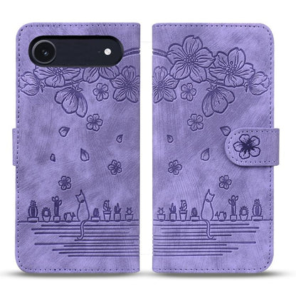 Cartoon Sakura Cat Embossed Leather Phone Case, For iPhone 18 Pro / 17 Pro, For iPhone 18 Pro Max / 17 Pro Max, For iPhone 17e / 16e, For iPhone 17, For iPhone Air, For iPhone 16 Pro Max, For iPhone 16 Pro, For iPhone 16 Plus, For iPhone 16            ...