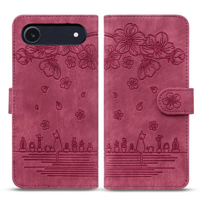Cartoon Sakura Cat Embossed Leather Phone Case