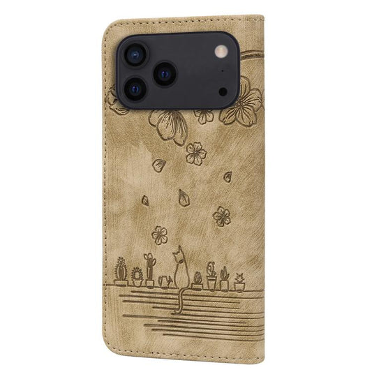 Cartoon Sakura Cat Embossed Leather Phone Case, For iPhone 18 Pro / 17 Pro, For iPhone 18 Pro Max / 17 Pro Max, For iPhone 17e / 16e, For iPhone 17, For iPhone Air, For iPhone 16 Pro Max, For iPhone 16 Pro, For iPhone 16 Plus, For iPhone 16            ...
