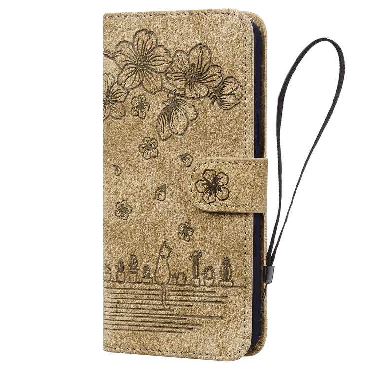 Cartoon Sakura Cat Embossed Leather Phone Case, For iPhone 18 Pro / 17 Pro, For iPhone 18 Pro Max / 17 Pro Max, For iPhone 17e / 16e, For iPhone 17, For iPhone Air, For iPhone 16 Pro Max, For iPhone 16 Pro, For iPhone 16 Plus, For iPhone 16            ...