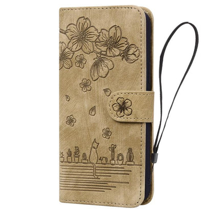 Cartoon Sakura Cat Embossed Leather Phone Case, For iPhone 18 Pro / 17 Pro, For iPhone 18 Pro Max / 17 Pro Max, For iPhone 17e / 16e, For iPhone 17, For iPhone Air, For iPhone 16 Pro Max, For iPhone 16 Pro, For iPhone 16 Plus, For iPhone 16            ...