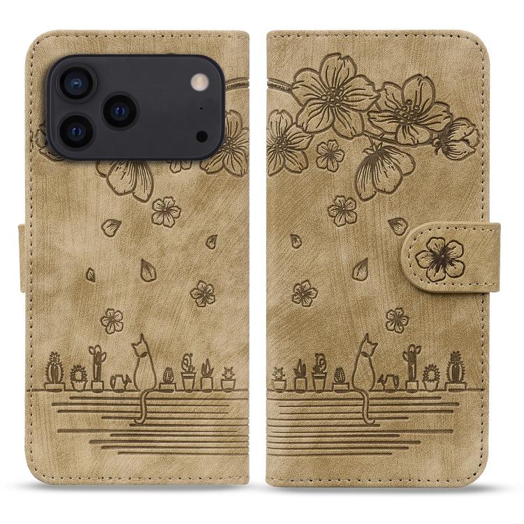 Cartoon Sakura Cat Embossed Leather Phone Case, For iPhone 18 Pro / 17 Pro, For iPhone 18 Pro Max / 17 Pro Max, For iPhone 17e / 16e, For iPhone 17, For iPhone Air, For iPhone 16 Pro Max, For iPhone 16 Pro, For iPhone 16 Plus, For iPhone 16            ...