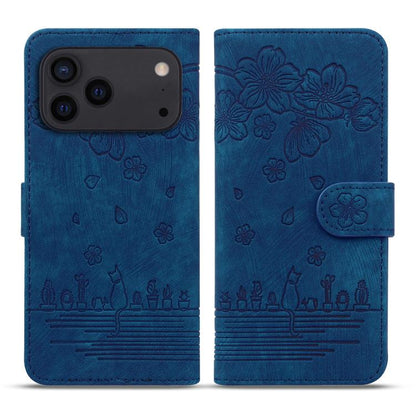 Cartoon Sakura Cat Embossed Leather Phone Case, For iPhone 18 Pro / 17 Pro, For iPhone 18 Pro Max / 17 Pro Max, For iPhone 17e / 16e, For iPhone 17, For iPhone Air, For iPhone 16 Pro Max, For iPhone 16 Pro, For iPhone 16 Plus, For iPhone 16            ...