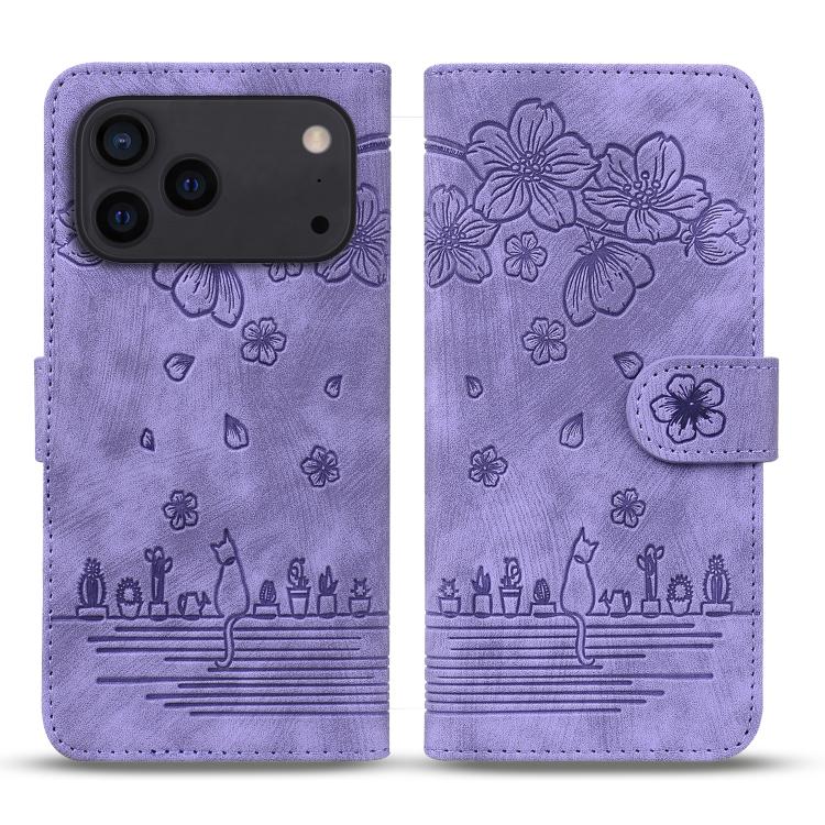 Cartoon Sakura Cat Embossed Leather Phone Case, For iPhone 18 Pro / 17 Pro, For iPhone 18 Pro Max / 17 Pro Max, For iPhone 17e / 16e, For iPhone 17, For iPhone Air, For iPhone 16 Pro Max, For iPhone 16 Pro, For iPhone 16 Plus, For iPhone 16            ...