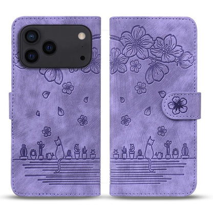 Cartoon Sakura Cat Embossed Leather Phone Case, For iPhone 18 Pro / 17 Pro, For iPhone 18 Pro Max / 17 Pro Max, For iPhone 17e / 16e, For iPhone 17, For iPhone Air, For iPhone 16 Pro Max, For iPhone 16 Pro, For iPhone 16 Plus, For iPhone 16            ...