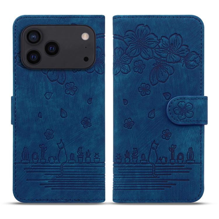 Cartoon Sakura Cat Embossed Leather Phone Case, For iPhone 18 Pro / 17 Pro, For iPhone 18 Pro Max / 17 Pro Max, For iPhone 17e / 16e, For iPhone 17, For iPhone Air, For iPhone 16 Pro Max, For iPhone 16 Pro, For iPhone 16 Plus, For iPhone 16            ...