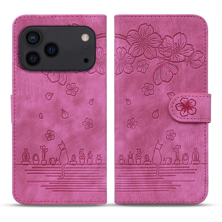 Cartoon Sakura Cat Embossed Leather Phone Case, For iPhone 18 Pro / 17 Pro, For iPhone 18 Pro Max / 17 Pro Max, For iPhone 17e / 16e, For iPhone 17, For iPhone Air, For iPhone 16 Pro Max, For iPhone 16 Pro, For iPhone 16 Plus, For iPhone 16            ...