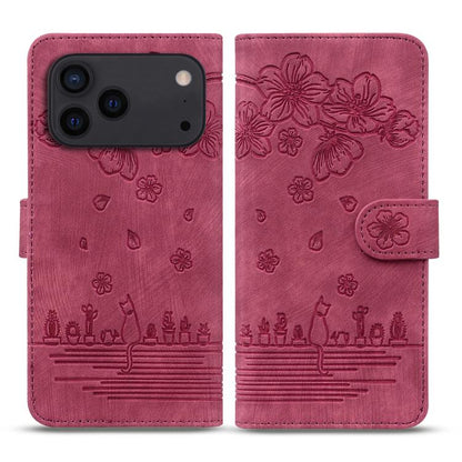 Cartoon Sakura Cat Embossed Leather Phone Case, For iPhone 18 Pro / 17 Pro, For iPhone 18 Pro Max / 17 Pro Max, For iPhone 17e / 16e, For iPhone 17, For iPhone Air, For iPhone 16 Pro Max, For iPhone 16 Pro, For iPhone 16 Plus, For iPhone 16            ...