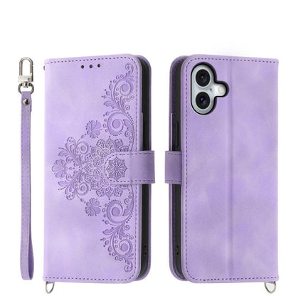 Skin-feel Flowers Embossed Wallet Leather Phone Case, For iPhone 18 Pro / 17 Pro, For iPhone 18 Pro Max / 17 Pro Max, For iPhone 17, For iPhone Air, For iPhone 17e / 16e, For iPhone 16 Pro Max, For iPhone 16 Pro, For iPhone 16 Plus, For iPhone 16      ...
