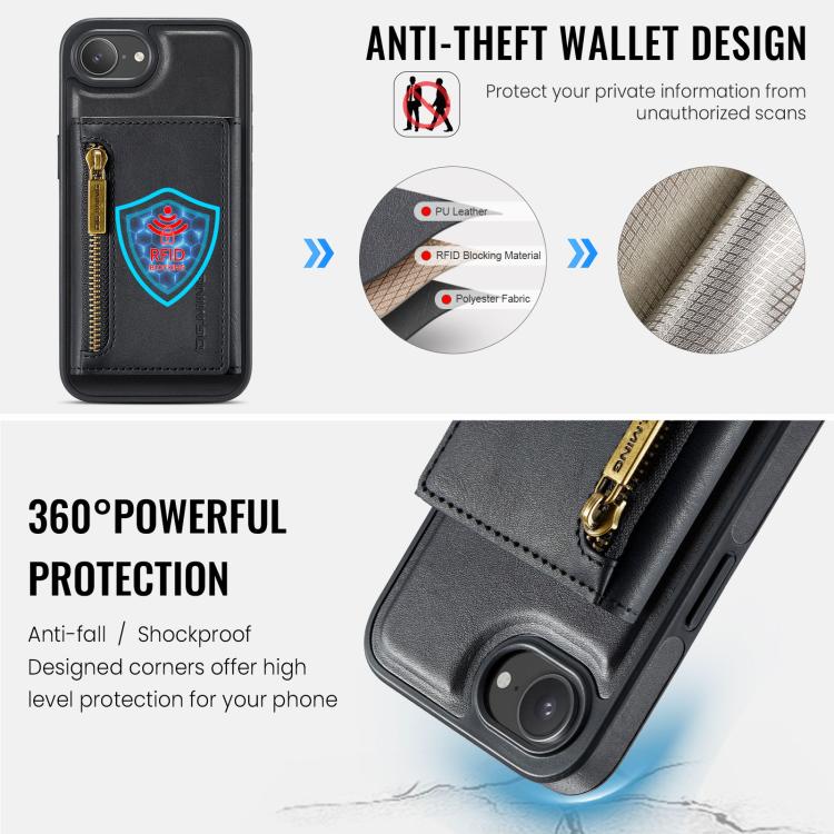 DG.MING M5 Series Zip RFID Multi Card Detachable Leather Phone Case, For iPhone 17e / 16e, For iPhone 17 Pro Max, For iPhone 17 Pro, For iPhone 17, For iPhone Air, For iPhone 16 Pro Max, For iPhone 16 Pro, For iPhone 16 Plus, For iPhone 16             ...