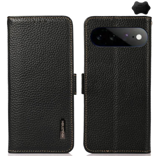 KHAZNEH Side-Magnetic Litchi Genuine Leather RFID Phone Case, For Google Pixel 11 Pro XL, For Google Pixel 11 Pro, For Google Pixel 11, For Google Pixel 10a, For Google Pixel 9a, For Google Pixel 9 Pro, For Google Pixel 9, For Google Pixel 8a