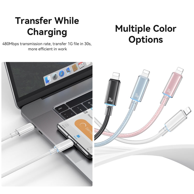 USAMS Type-C To 8 Pin Aluminum Alloy Clear LED 30W PD Fast Charge Data Cable, Length:1.2m, Type-C To 8 Pin