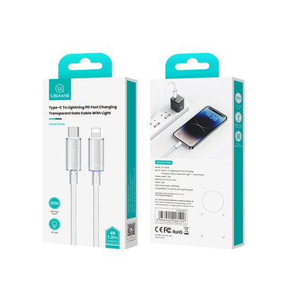 USAMS Type-C To 8 Pin Aluminum Alloy Clear LED 30W PD Fast Charge Data Cable, Length:1.2m, Type-C To 8 Pin
