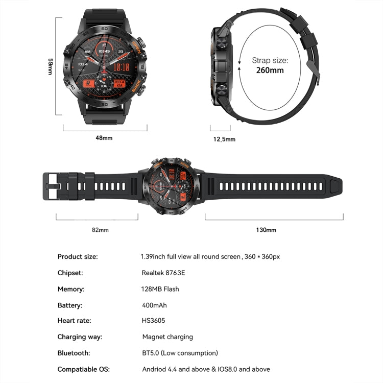 Montre connectée K52 1,39 pouces BT5.0 avec prise en charge de la détection de la fréquence cardiaque et du sommeil