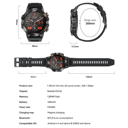 Montre connectée K52 1,39 pouces BT5.0 avec prise en charge de la détection de la fréquence cardiaque et du sommeil