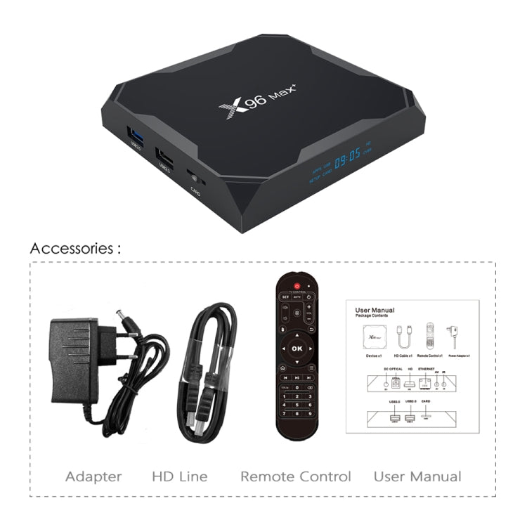 X96 max+ 4K Smart TV Box with Remote Control, Android 9.0, Amlogic S905X3 Quad-Core Cortex-A55,2GB+16GB, Support LAN, AV, 2.4G/5G WiFi, USBx2,TF Card,, EU Plug