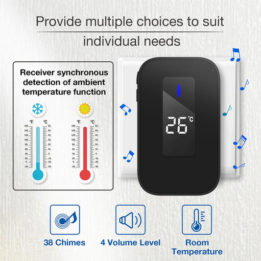 جرس باب لاسلكي منزلي C303B، مزود بشاشة عرض رقمية لدرجة الحرارة وجهاز تحكم عن بعد، مناسب لكبار السن، مزود بقابس أمريكي، وقابس أوروبي، وقابس بريطاني.