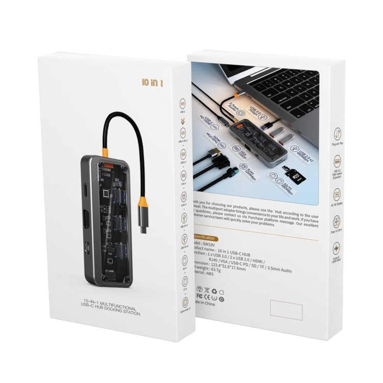 SW10V 10 in 1 Type-C to USB + HDMI + VGA + RJ45 + SD/TF + Audio 3.5 HUB Docking Station, SW10V