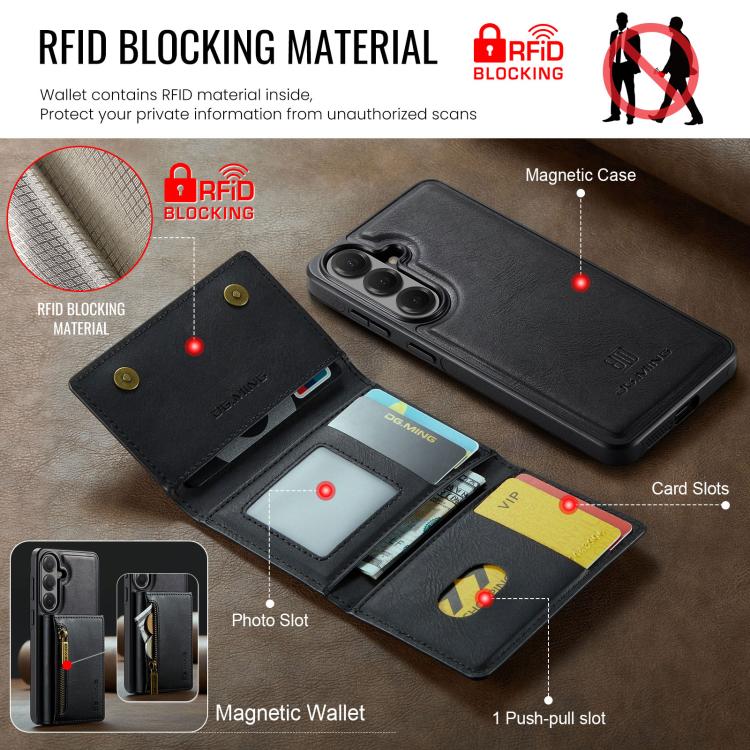 DG.MING M5 Series Zip RFID Multi Card Detachable Leather Phone Case, For Galaxy S26+ 5G, For Galaxy S26 Ultra 5G, For Galaxy S26 5G, For Samsung Galaxy S25 FE 5G, For Samsung Galaxy S25 Edge 5G, For Galaxy S25 5G, For Galaxy S25+ 5G                    ...