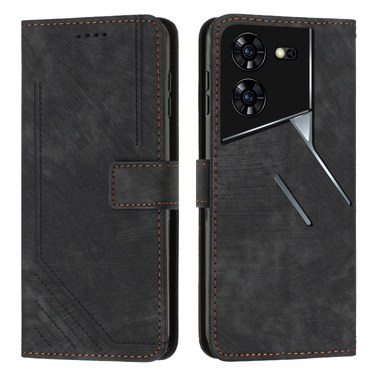 Skin Feel Stripe Pattern Leather Phone Case with Lanyard, For Tecno Pova 5 Pro
