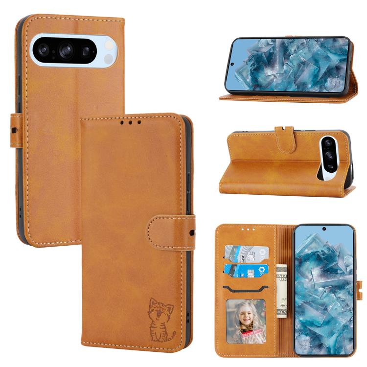 Embossed Happy Cat Pattern Flip Leather Phone Case, For Google Pixel 11 Pro XL, For Google Pixel 11 / 11 Pro, For Google Pixel 10 Pro XL, For Google Pixel 10 / 10 Pro, For Google Pixel 9a, For Google Pixel 9 Pro, For Google Pixel 9, For Google Pixel 8a...