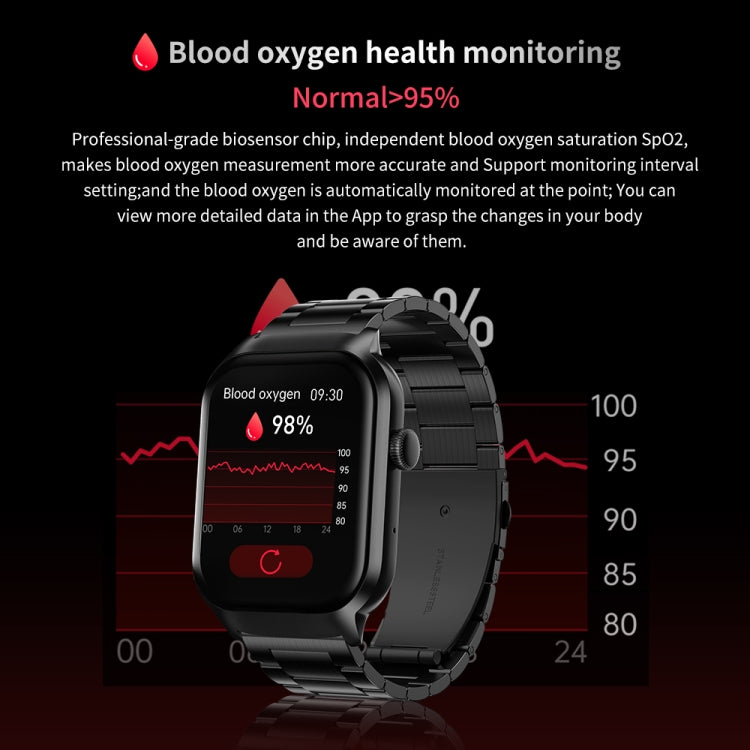 Montre Intelligente avec Appel Bluetooth et Bracelet en Acier à Trois Maillons de 2,01 pouces, Prise en Charge de la Surveillance de la Fréquence Cardiaque / Glycémie Non Invasive, Bracelet en Acier à Trois Maillons Noir