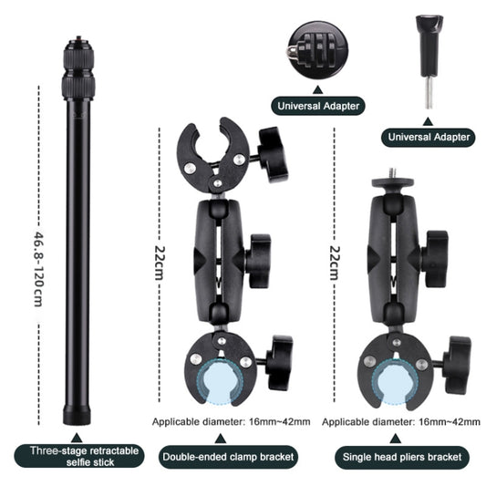 Colliers de moto support fixe de guidon, perche à selfie télescopique à 3 sections, perche à selfie double tête à 3 sections, perche à selfie à double tête et à tête unique à 3 sections, 2 x tête double et 1 x tête unique.