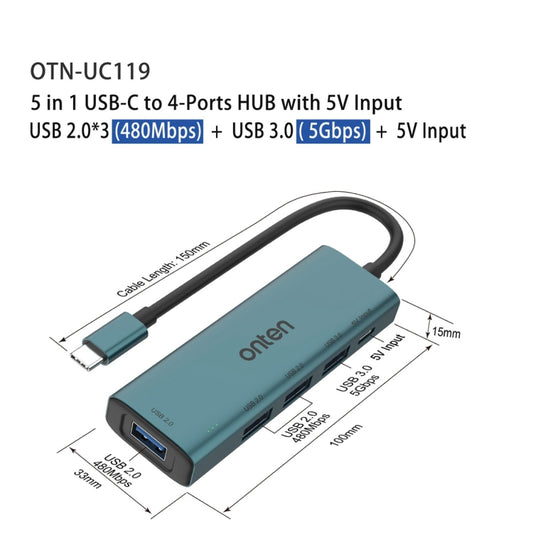 Onten UC119 5 in 1 USB-C / Type-C to USB 4-Ports USB HUB with 5V Input, UC119