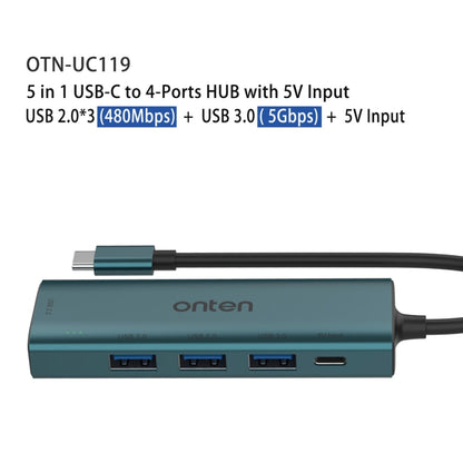 Onten UC119 5 in 1 USB-C / Type-C to USB 4-Ports USB HUB with 5V Input, UC119