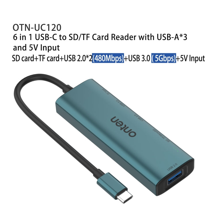 Onten UC120 6 in 1 USB-C to SD / TF Card Reader with 3-Ports USB HUB & 5V Input, UC120