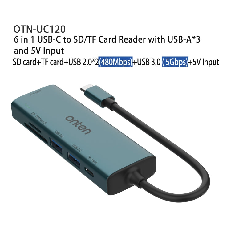 Onten UC120 6 in 1 USB-C to SD / TF Card Reader with 3-Ports USB HUB & 5V Input, UC120