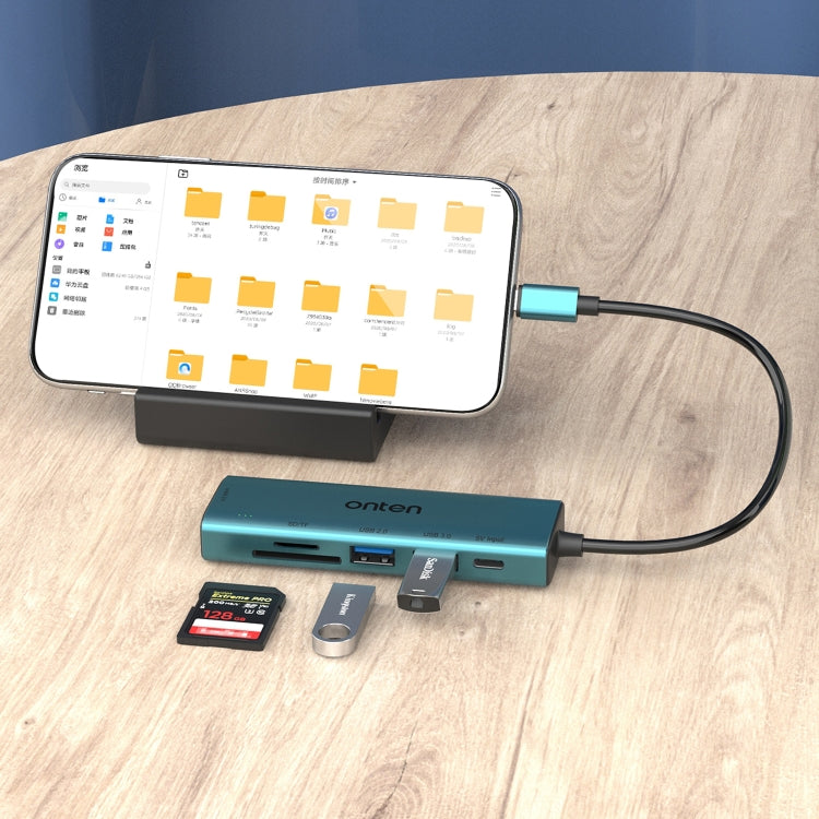 Onten UC120 6 in 1 USB-C to SD / TF Card Reader with 3-Ports USB HUB & 5V Input, UC120
