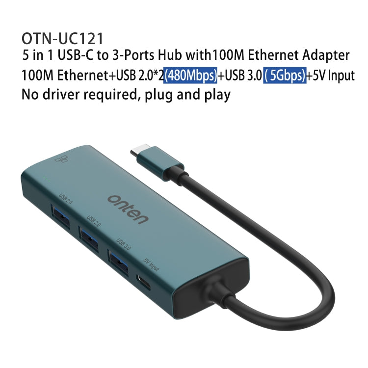 Onten UC121 5 in 1 USB-C / Type-C to USB 3.0 HUB with 5V Input & 100Mbps Network Card, UC121