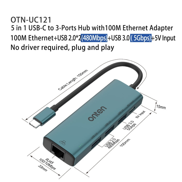 Onten UC121 5 in 1 USB-C / Type-C to USB 3.0 HUB with 5V Input & 100Mbps Network Card, UC121