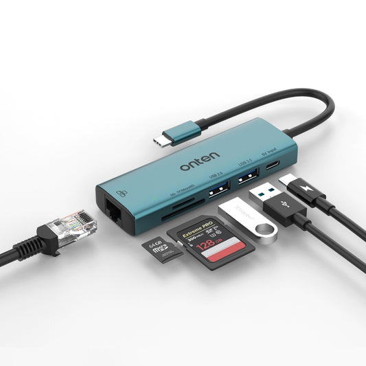 Onten UC122 6 in 1 USB-C / Type-C to SD + TF Card + USB 3.0 HUB with 5V Input & 100Mbps Network Card, UC122